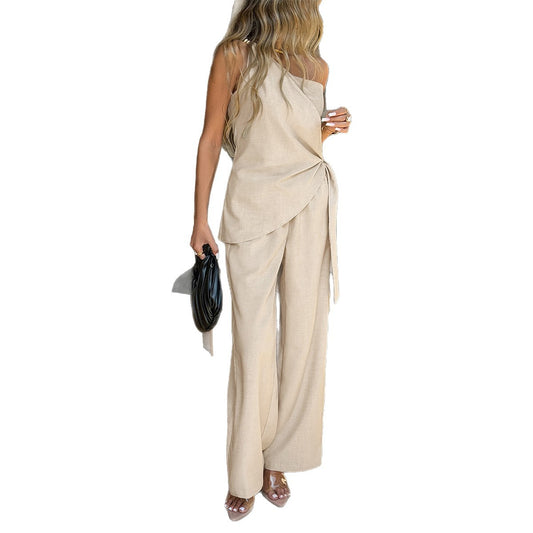 European And American Resort-Style Fashionable Strap Wide-Leg Long Pants Set