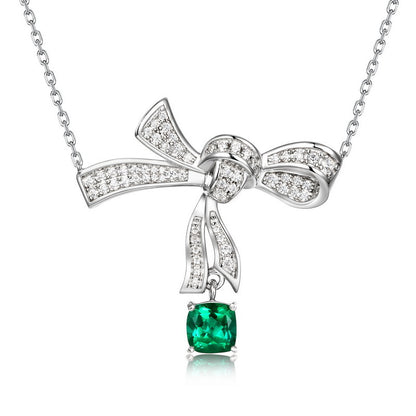 Bow-Knot Cultured Emerald Necklace In S925 Sterling Silver Pillow-Shaped