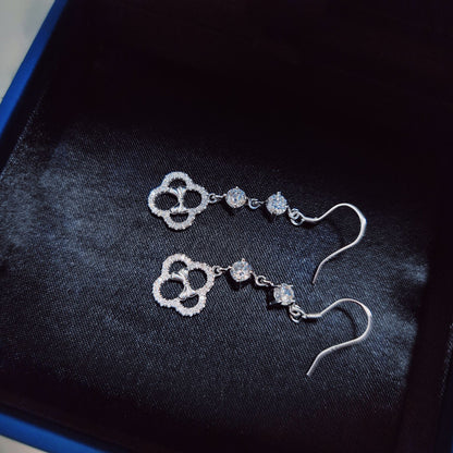 1 Pair 999 Sterling Silver Zircon Clover Bow Long Drop Earrings, Elegant & Versatile, Perfect For Daily, Party & Dating, Ideal Valentine's Gift