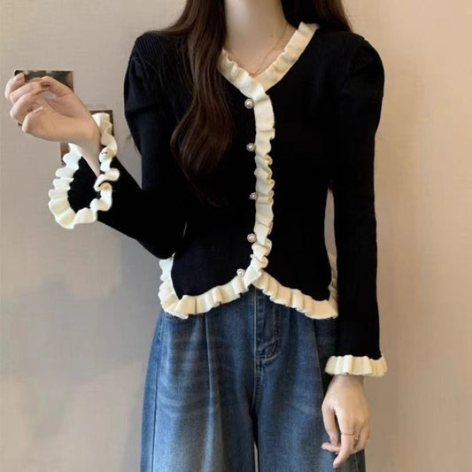 Spring Autumn High-end French Chanel-style Lace-panelled Puffed-sleeve Womens Top