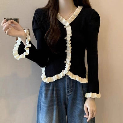 Spring Autumn High-end French Chanel-style Lace-panelled Puffed-sleeve Womens Top