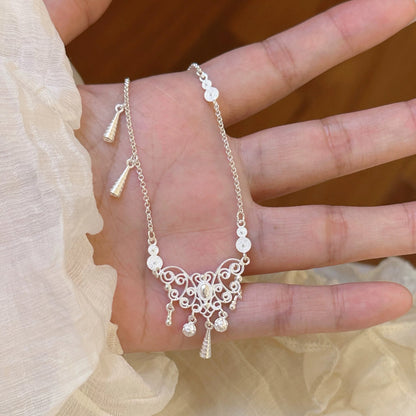 1Pc S999 Pure Silver Lock Pendant Necklace, Delicate Tassel Chain, Elegant Boho Style For Daily & Gifting