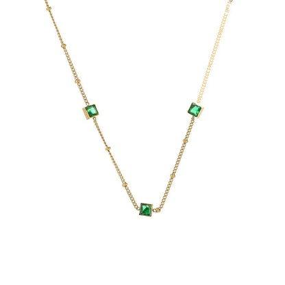 Square-shaped Delicately Crafted Versatile Colored Zircon And Green Zircon Titanium Steel Necklace For Women