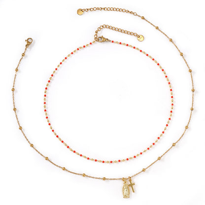 Handmade Beaded Red And Gold Double-Layer Necklace