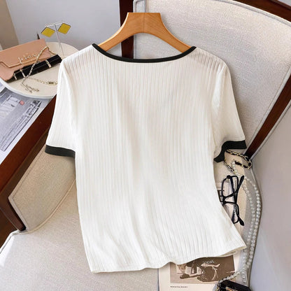 Slim-fit Knit Womens Clothing Contrast-color Womens Short Sleeves