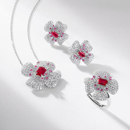 S925 Silver Four-Leaf Clover Flower Cultured Ruby Necklace
