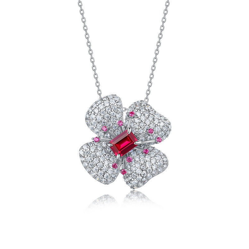 S925 Silver Four-Leaf Clover Flower Cultured Ruby Necklace