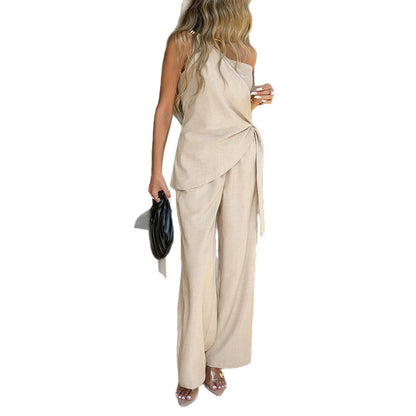 European And American Resort-Style Fashionable Strap Wide-Leg Long Pants Set