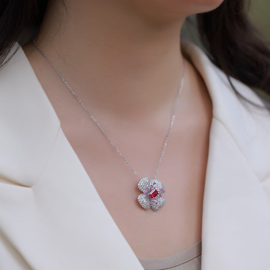 S925 Silver Four-Leaf Clover Flower Cultured Ruby Necklace