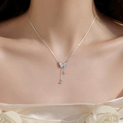 Full-Crystal Three-Butterfly Tassel Necklace For Women