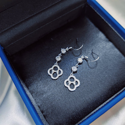 1 Pair 999 Sterling Silver Zircon Clover Bow Long Drop Earrings, Elegant & Versatile, Perfect For Daily, Party & Dating, Ideal Valentine's Gift
