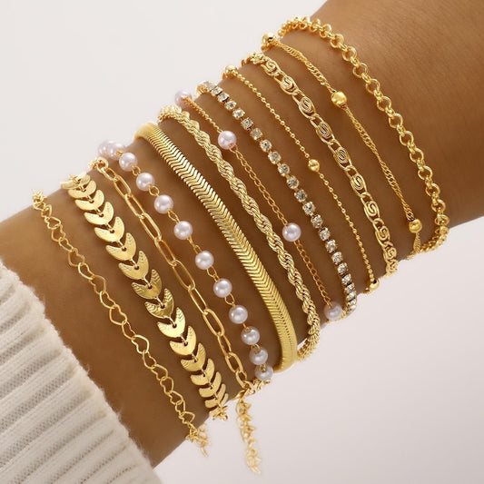 European And American Style Exquisite Beaded Chain Simple Fashionable 12-Piece Bracelet Set For Women