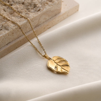 Stainless Steel Necklace With 18K Gold-Plated Leaf And Flower Pendant For Women