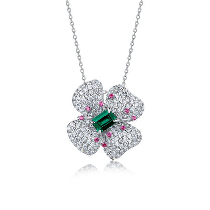 S925 Silver Four-Leaf Clover Flower Cultured Ruby Necklace
