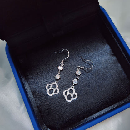 1 Pair 999 Sterling Silver Zircon Clover Bow Long Drop Earrings, Elegant & Versatile, Perfect For Daily, Party & Dating, Ideal Valentine's Gift