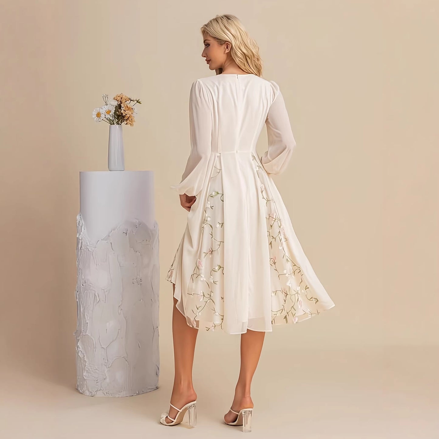 Floral Long-Sleeve V-Neck Pleated Dress For Women