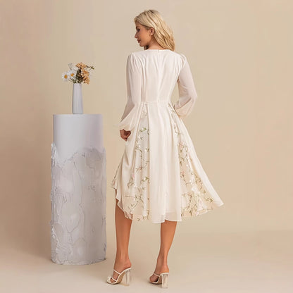Floral Long-Sleeve V-Neck Pleated Dress For Women