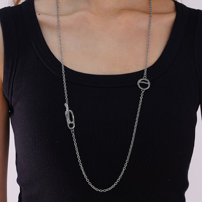 Japanese Style Minimalist Long Sweater Chain Necklace, Stainless Steel Pig Nose Pendant With OT Clasp, Fashion Simple Jewelry